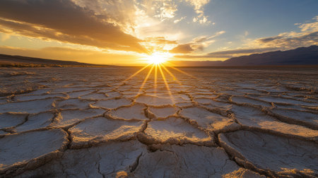 A vivid sunset illuminates cracked earth, highlighting the severe impact of climate change on dry landscapes.の素材
