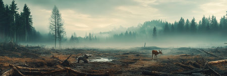A misty landscape shows rare animals roaming in a deforested area, highlighting the urgent issue of species extinction and habitat loss.の素材