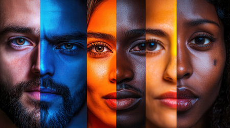 Faces representing diversity are starkly contrasted by a dividing line, highlighting bias and difference in a visually striking manner.の素材