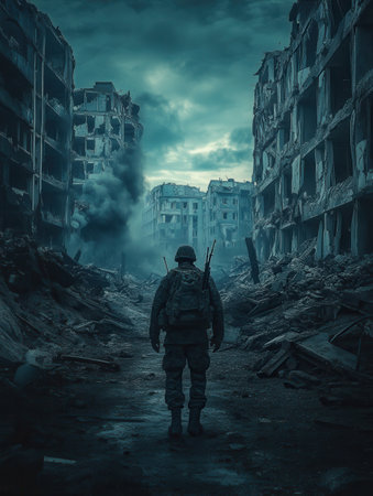 A solitary soldier stands amidst the ruins of a devastated city, surrounded by destruction and signs of a recent battle.の素材