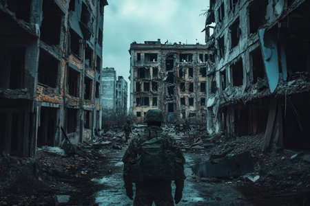 Amidst the ruins of a devastated city, soldiers navigate through shattered structures, showcasing the aftermath of war's devastation.の素材