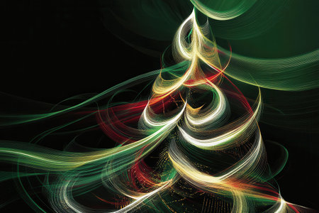 Colorful abstract lines elegantly form the shape of a Christmas tree, radiating a festive glow in a dark setting.の素材