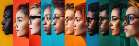 A striking group of diverse individuals faces a barrier, highlighting the themes of division and bias through bold colors and contrasts.の素材