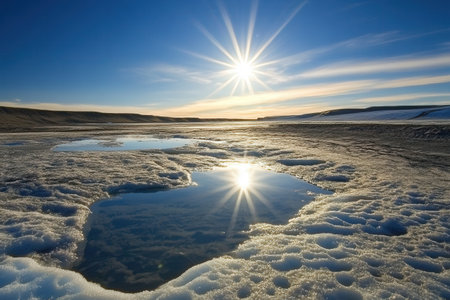Arctic glaciers are melting, showcasing climate change effects, with a blazing sun illuminating the stark desert landscape.の素材