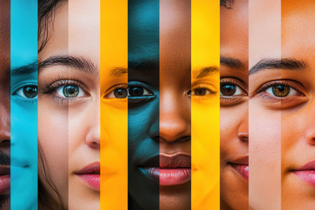 Faces of different individuals are separated by a bold barrier, emphasizing the themes of division, diversity, and social contrast in society.の素材