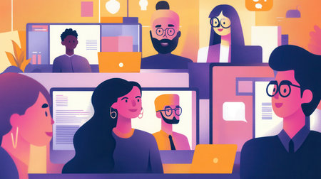 A diverse group engages in a collaborative work session at computer stations, sharing ideas and insights in a vibrant environment.の素材