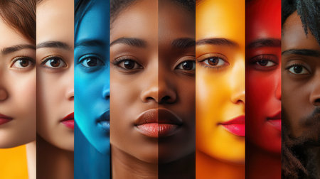 Brightly colored faces reflect individuality, revealing the divisions and biases that separate diverse communities in today's world.の素材