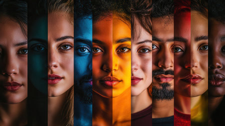 A collection of faces separated by a barrier, showing diversity and the contrasts of individual identities and experiences.の素材
