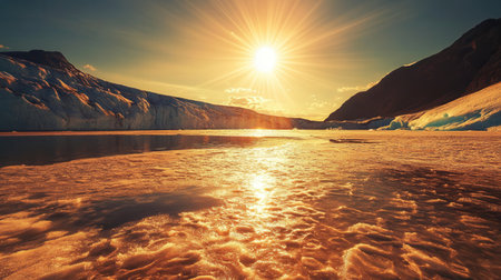 The sun blazes over melting Arctic glaciers, highlighting the stark reflections of climate change in the surrounding landscape.の素材