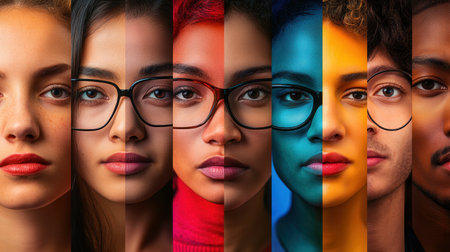 Faces of diverse individuals are juxtaposed by a barrier, showing their differences and highlighting themes of division and bias.の素材