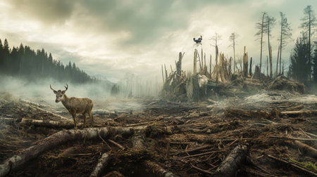 A misty forest shows deforestation's impact as rare animals confront dwindling habitats, highlighting species loss and extinction risks.の素材
