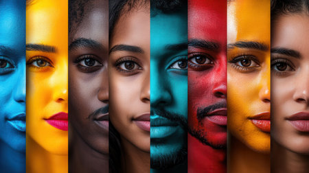 Brightly colored faces are separated by a barrier, illustrating themes of diversity, division, and cultural bias among individuals.の素材