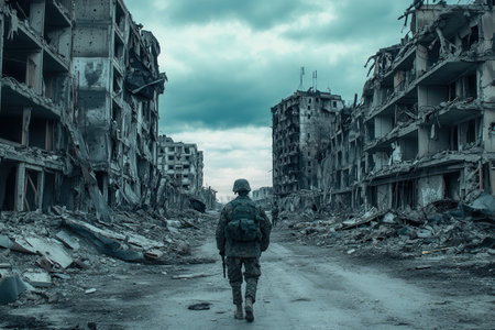 A soldier surveys the wasteland of shattered buildings, witnessing the aftermath of conflict in a desolate urban landscape.の素材
