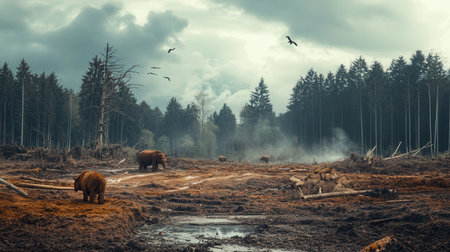 Trees are cleared, leaving behind a barren landscape where rare animals navigate the remnants of their shrinking habitat.の素材