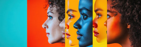 Faces of diverse individuals are juxtaposed with vibrant colors, symbolizing the divisions and biases of todayの素材