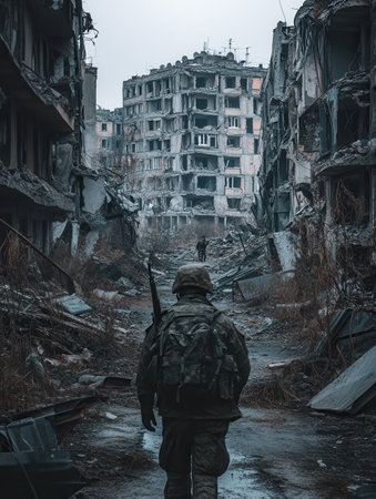 A soldier navigates the wreckage of a destroyed city, with crumbling buildings and remnants of conflict in the background.の素材