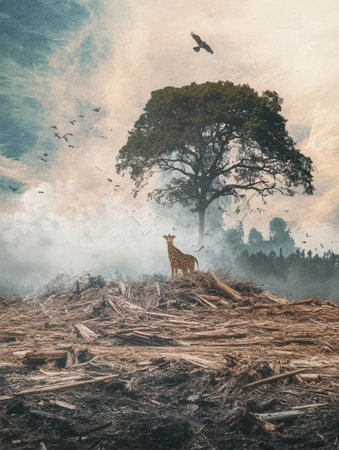 Deforestation threatens rare wildlife as their natural habitats disappear, highlighting the urgent crisis of species extinction.の素材