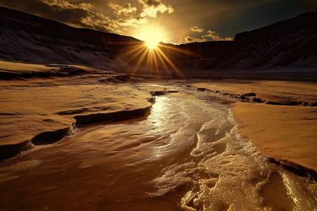 The blazing sun sets over arid lands, highlighting melting Arctic glaciers and the stark realities of climate change.の素材