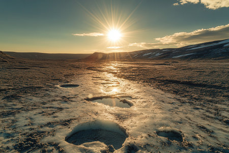 The sun blazes over an arid landscape, revealing melting glaciers and reflecting the harsh impacts of climate change on the environment.の素材