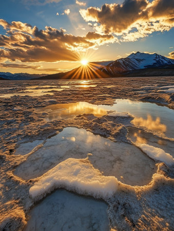 The sun sets over melting glaciers, reflecting climate change's impact on the landscape, revealing arid land beneath bright skies.の素材
