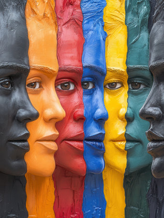 Brightly colored faces display diversity and differences, separated by a barrier that emphasizes division and societal bias.の素材