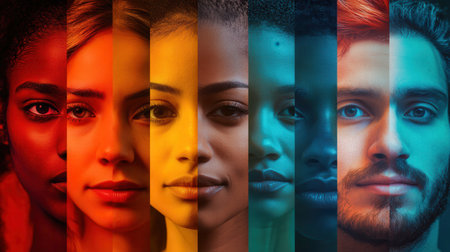 Diverse individuals are presented in vivid colors, emphasizing distinctions and biases, separated by a visual line representing division.の素材