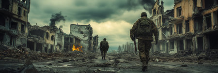 Two soldiers walk through a devastated urban landscape, surrounded by ruins and the aftermath of conflict and violence.の素材