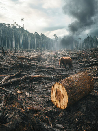 A rare animal roams a devastated landscape of tree stumps and smoke, illustrating the urgent crisis of deforestation and species extinction.の素材