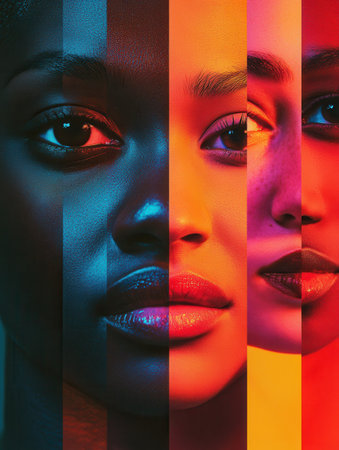 Brightly colored faces are separated by a division, symbolizing the societal barriers and biases that emphasize diversity and differences.の素材