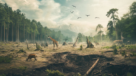 Rare animals roam amidst the devastation of deforestation, showing the urgent threat of habitat loss and species extinction.の素材