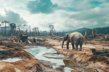 An elephant navigates a barren landscape stripped of trees, highlighting the urgent issue of species endangerment and habitat loss.の素材
