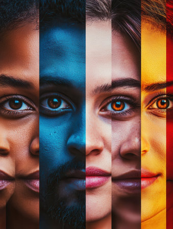 Faces of various ethnicities are shown divided by bold colors, symbolizing social barriers and celebrating diversity and differences.の素材
