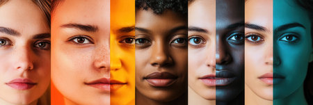 Faces of different ethnicities are showcased, separated by bright colored barriers that symbolize division and the importance of diversity.の素材