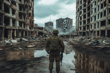 Troops move cautiously through destroyed buildings and debris in a devastated city, highlighting the impact of ongoing warfare.の素材
