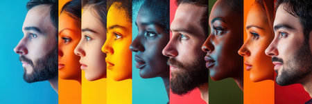 Faces of varying ethnicities are separated by a barrier, showing diversity and the impact of bias through striking colors.の素材