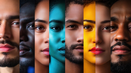 Faces of diverse individuals are separated by a stark line, showing the contrasts and highlighting biases within society.の素材