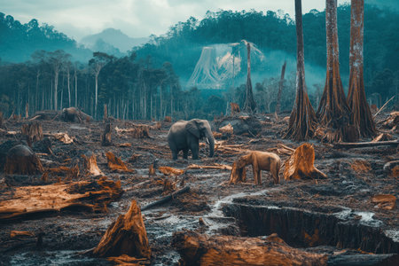 Rare animals wander through a devastated landscape marked by deforestation and the loss of their natural habitat, highlighting extinction.の素材