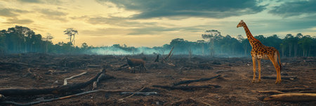 A giraffe and another animal stand amidst a devastated landscape, highlighting the stark reality of deforestation and species loss.の素材