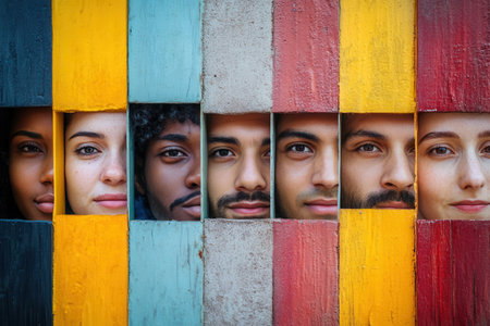 Faces from different backgrounds are separated by colorful barriers, symbolizing division, highlighting diversity and inherent differences.の素材