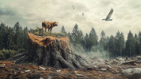 A lone bear stands atop a cut tree stump, surrounded by a disrupted environment and rare animals facing extinction in the background.の素材