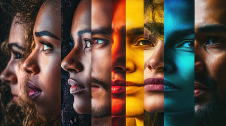 Brightly colored faces separated by barriers emphasize the diversity and differences within communities, showing individual identities.の素材