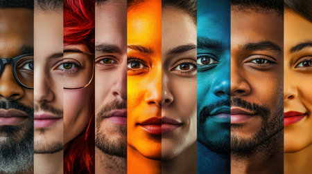 Diverse faces displayed in bright colors reflect social division and bias, emphasizing individuality amidst separation.の素材
