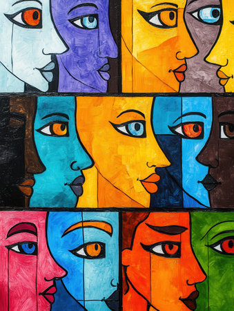 Brightly colored faces are divided by lines, showing diversity and underlying themes of division and bias among individuals.の素材