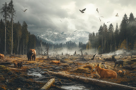 Rare animals roam a deforested area, highlighting the urgent issue of extinction and the loss of natural habitats around them.の素材