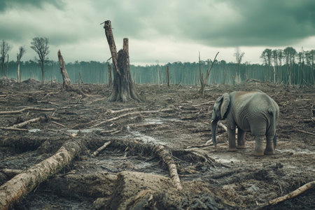An elephant wanders through a barren landscape, illustrating the impact of deforestation on wildlife and the imminent threat of extinction.の素材