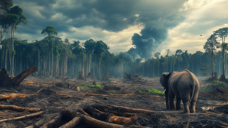 Elephants stand amidst felled trees and barren land, symbolizing the urgency of protecting endangered species from extinction.の素材