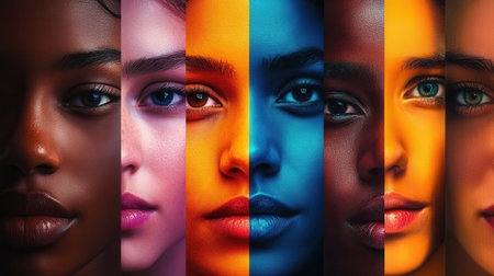 Diverse faces are positioned against a stark barrier, showing contrasts and emphasizing the complexity of identity and bias.の素材