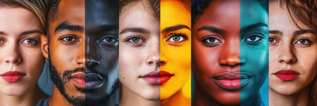 Brightly colored faces are separated by a barrier, symbolizing diversity and the ongoing issues of division and bias in society.の素材