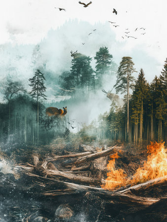 In a striking portrayal of habitat loss, rare animals appear amidst the devastation of deforestation and flames in the forest.の素材