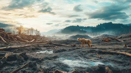Rare animals roam amid deforestation, showing the impact of habitat loss and the urgency of conservation efforts.の素材